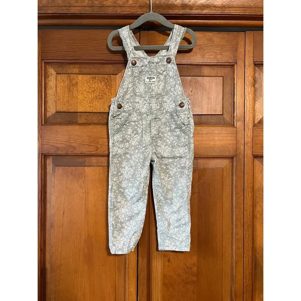 OshKosh B'gosh Girls Floral Overalls Sage Green White 2T Cotton Ditsy Flower